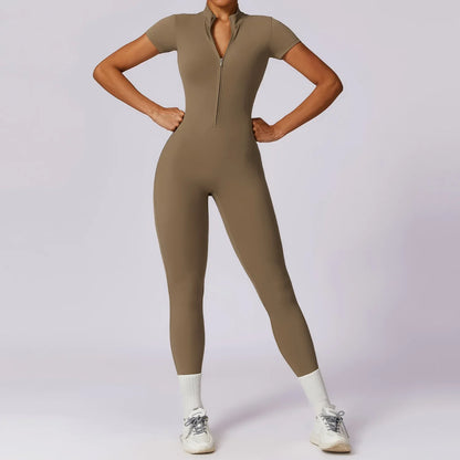 Yoga Set Women Sports Yoga Jumpsuits Tracksuit One-Piece Zipper Short Sleeve Gym Clothes Workout Fitness Sportswear Yoga Suit