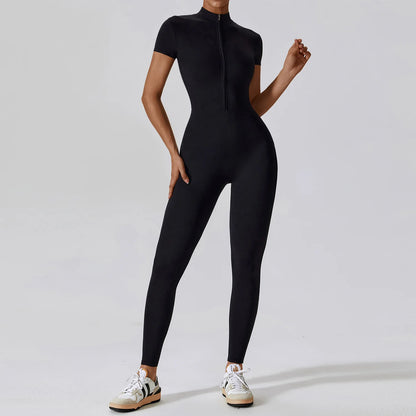 Yoga Set Women Sports Yoga Jumpsuits Tracksuit One-Piece Zipper Short Sleeve Gym Clothes Workout Fitness Sportswear Yoga Suit