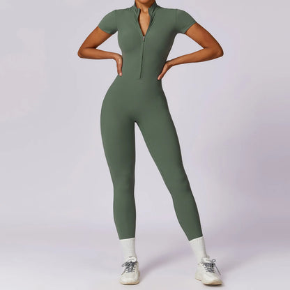 Yoga Set Women Sports Yoga Jumpsuits Tracksuit One-Piece Zipper Short Sleeve Gym Clothes Workout Fitness Sportswear Yoga Suit